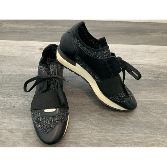 Balenciaga Black & Silver Glitter Race Runner Sneakers, Size 7 (US) 37 (IT) - Picture 1 of 9